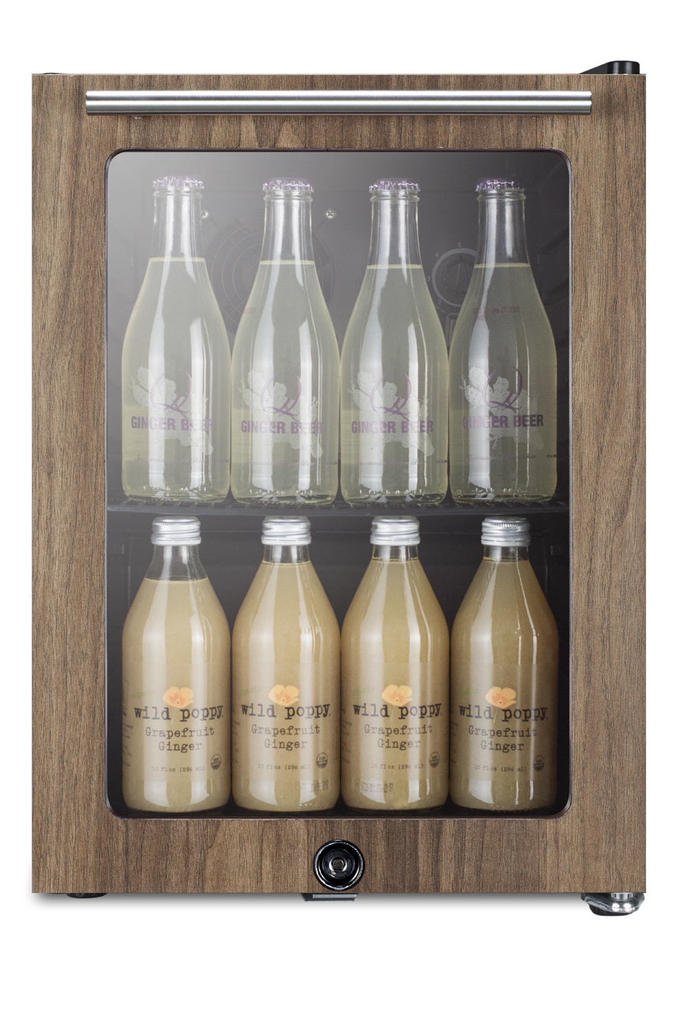 Compact commercial beverage center designed for the display and refrigeration of beverages, with glass door with pre-intalled engineered wood door trim in a walnut finish and black cabinet